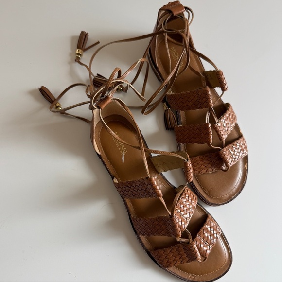 Michael Kors Camel Tie Ankle Wrap Braided Sandal Cognac 8.5 Women’s Braided - Picture 1 of 10